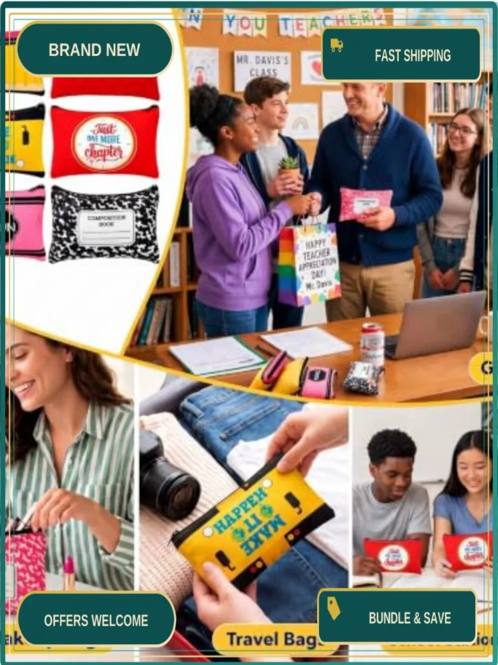 24 Pcs Teacher Appreciation Gifts Canvas Cosmetic Bags Back to School Notebook